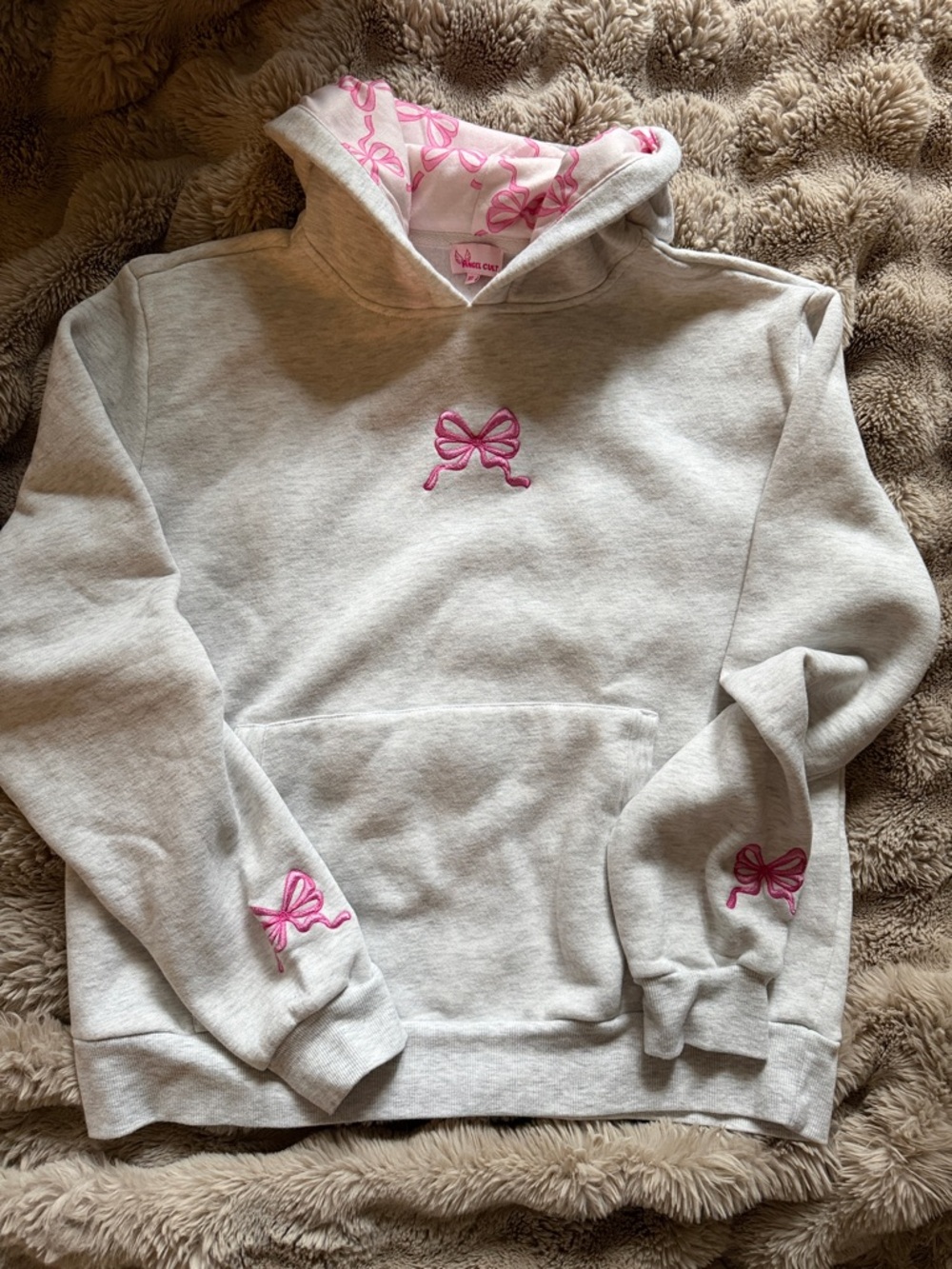 Light Gray Hoodie with Pink Bow Embroidery